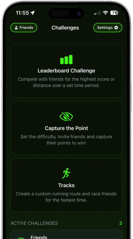 The Runigo challenges screen listing Leaderboard Challenge, Capture the Point and Tracks, with active challenges below.