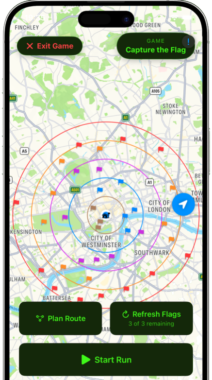 The Runigo map in Capture the Flag mode, showing coloured flags scattered across central London around the player's home base.