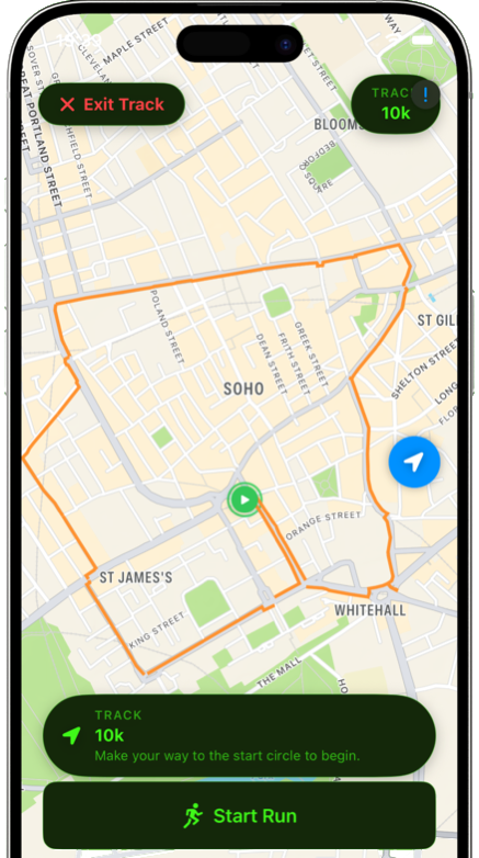 A custom 10k track drawn through Soho and St James's on the Runigo map, with a start circle and a Start Run button.